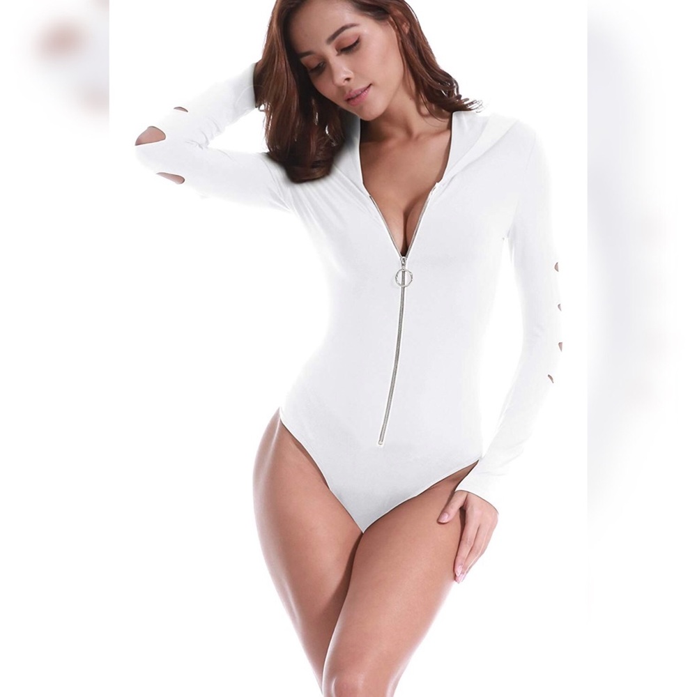 Front Zipper Hollow Out Hooded Bodysuit